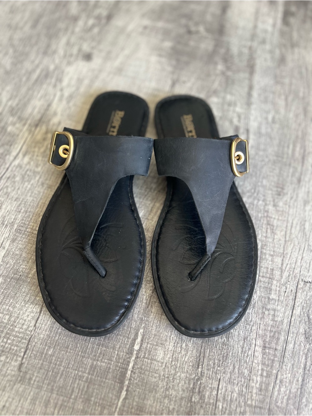 Born Black Thong Sandals with Gold Accent Buckles